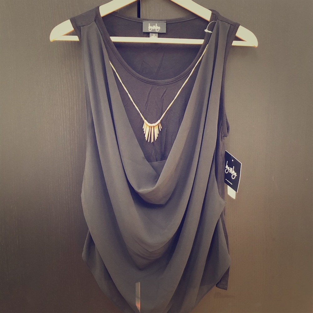 Black tank top with built in necklace detail.